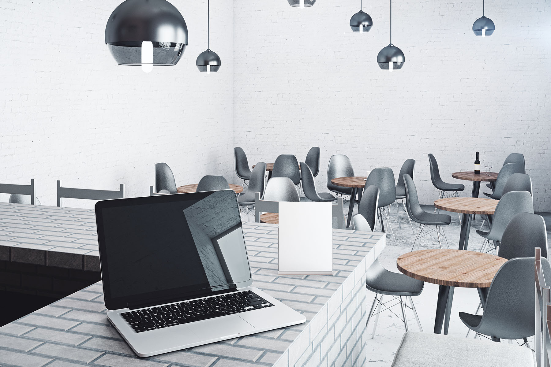 Close up of empty notebook and paper sheet placed on cafe counter. Seats, tables and lamps in the background. Mock up, 3D Rendering